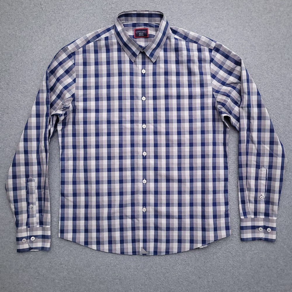 UNTUCKit Button Up Shirt Mens Medium Wrinkle Free Blue Gray Plaid Pomerol